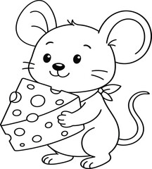 A delightful line art illustration of a cute mouse holding a piece of cheese, wearing a bandana. This playful design is perfect for coloring activities and embodies themes of fun and whimsy.