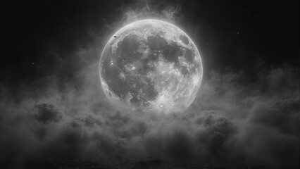Blurred black and white Moon on cloudy sky with smoke. Night mystical atmosphere.