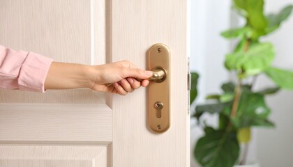 Woman's Hand Opening a Door to a Bright Room with Plants.