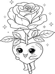 A charming line art illustration featuring a smiling heart at the base of a beautiful rose, surrounded by stars. This whimsical design is perfect for coloring activities and symbolizes love and affect