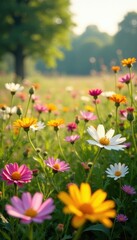 Obraz premium Wildflower profusion, sunlit meadow, diverse blooms, outdoor, scenery
