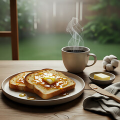 Hot Coffee and Toast with Steam on a Morning Table