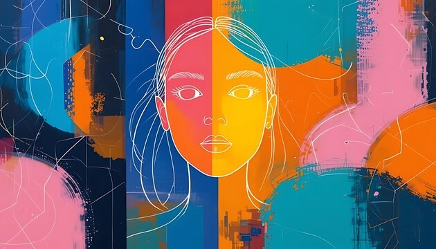Abstract Woman's Face Split into Colorful Halves with Brush Strokes and Lines, Emotion, Duality, Psychological Concept, AI Generated, Digital Art