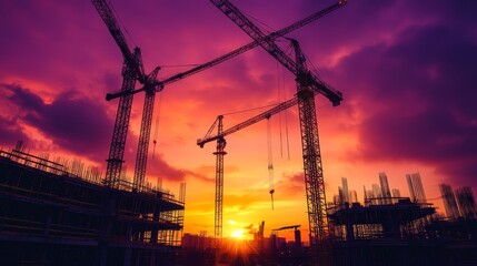 low angle view of industrial construction scene at dusk, dramatic crane silhouettes intersecting against explosive orange sunset, scattered yellow work lights creating depth through structure, deep