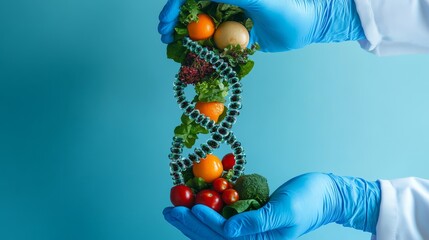 medical still life featuring dna sequence constructed from fresh whole foods, antioxidant-rich produce forming intricate double helix, sky blue latex gloved hands demonstrating scientific precision,