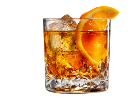 An inviting cocktail in a clear, patterned glass, complete with a vibrant orange slice garnish and ice cubes