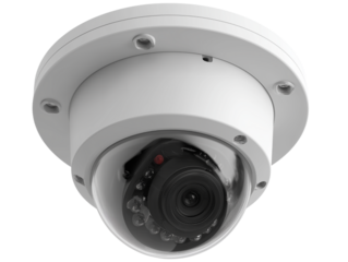 A close-up shot captures the futuristic design of a sleek surveillance camera