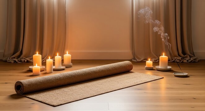 A tranquil and serene space prepared for guided meditation featuring a yoga mat lit candles and rising incense smoke creating a peaceful ambiance for mindfulness and inner calm