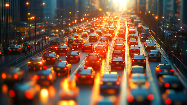 Rush hour traffic jam on a major highway. Cars in line. Severe auto traffic congestion in the city