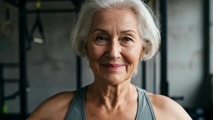 Happy healthy senior woman smiling during her workout at the gym, showing active aging and fitness lifestyle footage. - Powered by Adobe