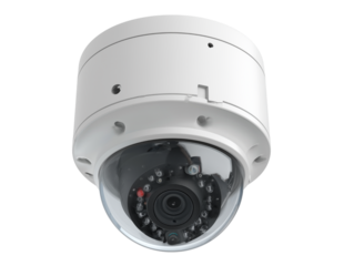 A detailed, high-angle perspective of a dome security camera, showcasing its sleek design and advanced surveillance capabilities. 
