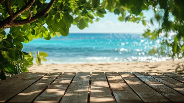 natural wood platform emerging from pristine beach sand, brilliant blue ocean backdrop with gentle bokeh blur, tropical foliage creating organic vignette, warm sunlight streaming through leaves,