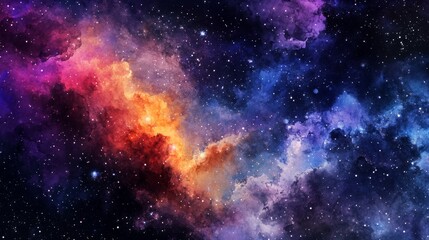 Obraz premium sharp vector astronomical symbols melting into dreamy watercolor space textures, pristine geometric celestial bodies surrounded by bleeding cosmic pigments, precise star maps dissolving into organic