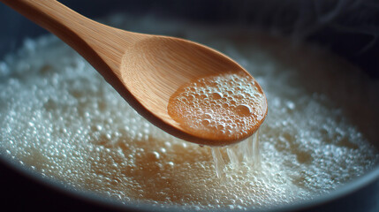 A wooden spoon is scooping up a thick, bubbling liquid from a pot

