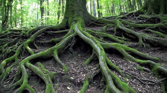 Ancient Forest Roots Unveiled: Moss-Covered Giants Anchor Earth in Verdant Woodland