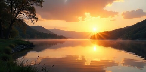Obraz premium Still lake reflecting golden sunset, tranquil scene, autumn, clouds