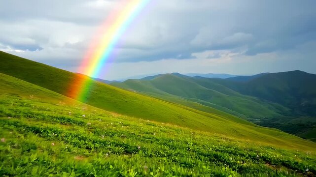 Majestic Rainbow Arches Over Lush Green Rolling Mountains Under Dramatic Cloudy Sky