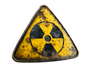 A weathered hazard sign featuring the internationally recognized symbol for radioactivity, presented in a high-angle shot.