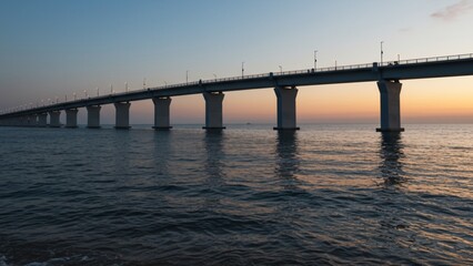 Obraz premium Sunset View of a Long Bridge Over Calm Waters, Coastal Landscape Photography