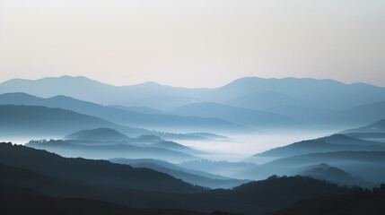 Obraz premium Serene Blue Hour Landscape: Misty Mountains and Rolling Hills in a Tranquil, Dreamlike Setting