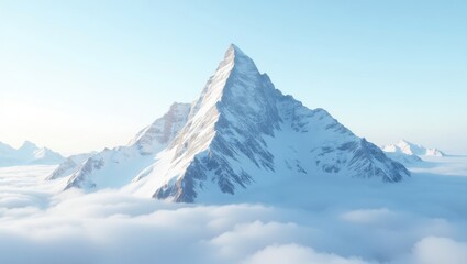 Obraz premium Majestic snow-capped mountain peak rises above a sea of clouds, showcasing a serene and breathtaking mountain landscape.