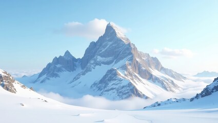 Fototapeta premium A vast, snow-covered mountain range rises majestically into a serene, light-blue sky, its peaks piercing the clouds.