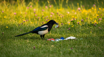 Fototapeta premium Magpie Gathering Shiny Objects in Sunlit Meadow
