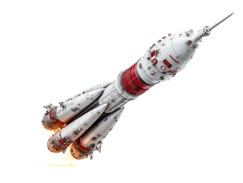 A state-of-the-art rocket ship ascends towards the vast expanse of space