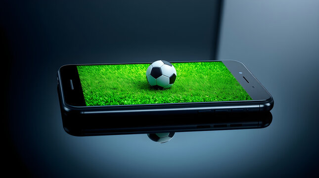 Soccer ball displayed on smartphone screen lying on reflective surface