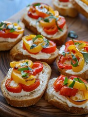 Mini bruschettas, adorned with creamy cashew pt and vibrant slices of marinated peppers, are artfully arranged on a rustic wooden platter, bathed in soft, natural light