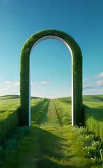 Gateway to a Verdant Future: Surreal Grass-Covered Arch in a Rolling Landscape.