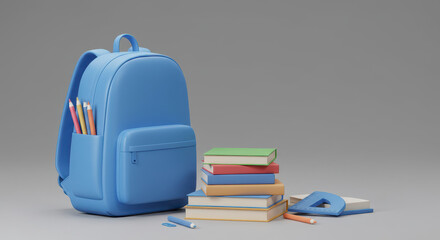 Cartoon Style Blue Backpack with School Supplies Books and Pencils for Education