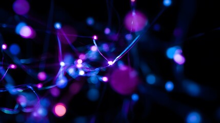 Abstract close-up of glowing qubits represented as interconnected quantum circuits with shifting light patterns, vibrant blue and purple hues, soft glowing nodes on dark background