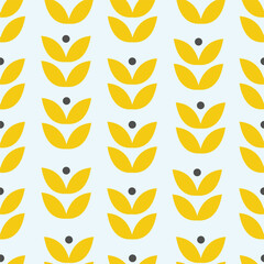 A vibrant repeating pattern design featuring yellow leaf shapes against a light blue background, interspersed with small black dots.