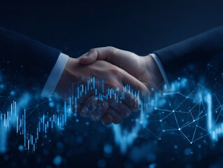 Close up of a handshake between two businessmen with overlaid futuristic data graph, concept for business deals, financial technology and global partnerships