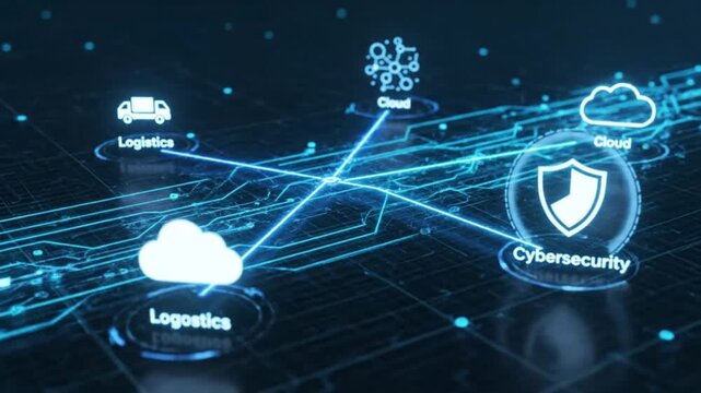 A futuristic digital network illustrates the seamless integration of cloud computing, robust cybersecurity, and efficient logistics in modern business operations.