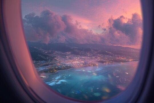 Fototapeta Aerial view of a coastal city at twilight seen through an airplane window, with pink clouds in the sky. Concept for travel destinations, vacation planning and scenic landscapes