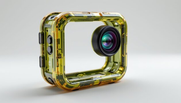 a futuristic biodegradable action cam cage constructed from algae based polymer, highlighted with polished organic sheen and slim ergonomic contour, replaceable shell panels