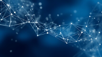 Abstract network of connected dots and lines on blue background, creating a futuristic web structure. Concept for data visualization, science research and digital connection