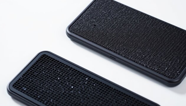 a high resolution bluetooth speaker grille made from chitosan blend, featuring minimal ridged surface and leaf contoured edge, with modular snap fit parts