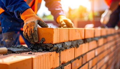 Bricklayer's Hands Setting Orange Brick with Mortar in Sunlight, Construction Site Detail