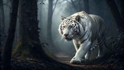 Obraz premium A majestic portrait of a rare white Bengal tiger, its black stripes and rare white fur standing out in the wild