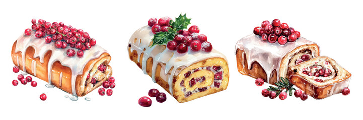 Set of Christmas cakes covered with white icing and decorated with holly berries. Festive Christmas pudding in watercolor. Elements of cooking Christmas traditions and holidays. Vector illustration.