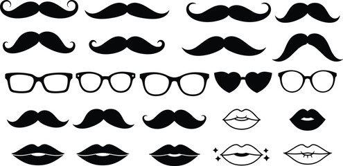 Fototapeta premium Collection of mustache, lips, and eyeglasses vector icons, perfect for retro designs, hipster themes, face decorations, and illustrations