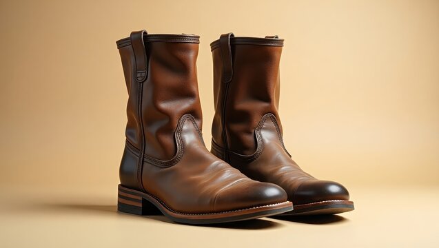 Two rich brown leather cowboy boots stand out against a muted beige backdrop.