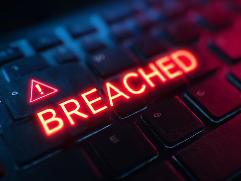 Close up on laptop keyboard with glowing red 'BREACHED' text and warning icon, concept for data security awareness, cyber attack prevention and incident response planning