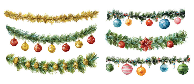 Watercolor set of vintage Christmas garlands. garlands of green and gold tinsel decorated with Christmas balls, poinsettia flowers. Retro Christmas decor elements. Vector illustration.