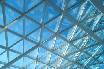 Geometric glass roof construction with blue sky, overhead view showcasing architectural design. Concept for modern architecture, futuristic designs and greenhouse structure