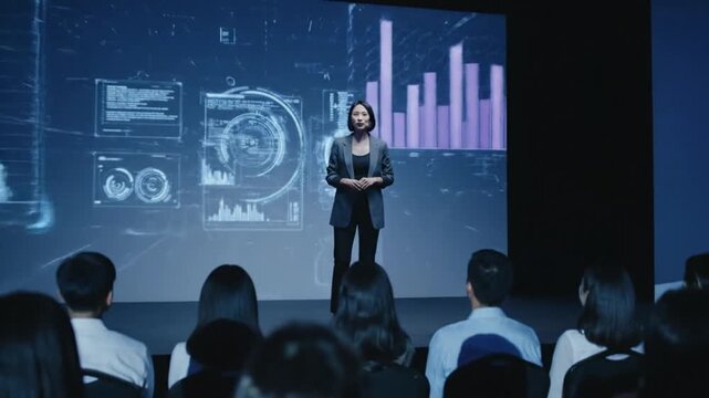 A confident female speaker engages a professional audience during a dynamic business conference, showcasing innovative data visualizations on a large screen.