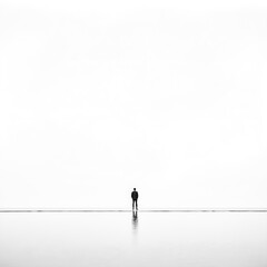Minimalist composition with a small black human silhouette on a clean white background. Simple, abstract, and symbolic design representing loneliness, identity, or creative expression.